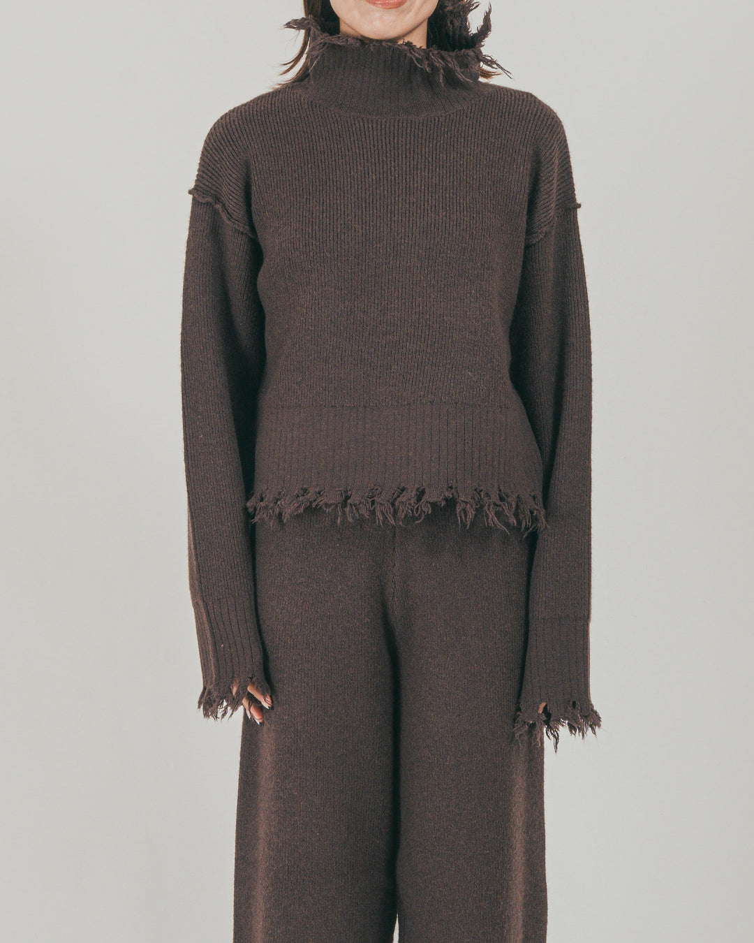 ［SET］Nuance Hem ハイネックニット + Nuance Hem ルーズニットパンツ + ストレッチレースシアートップス（3SET）