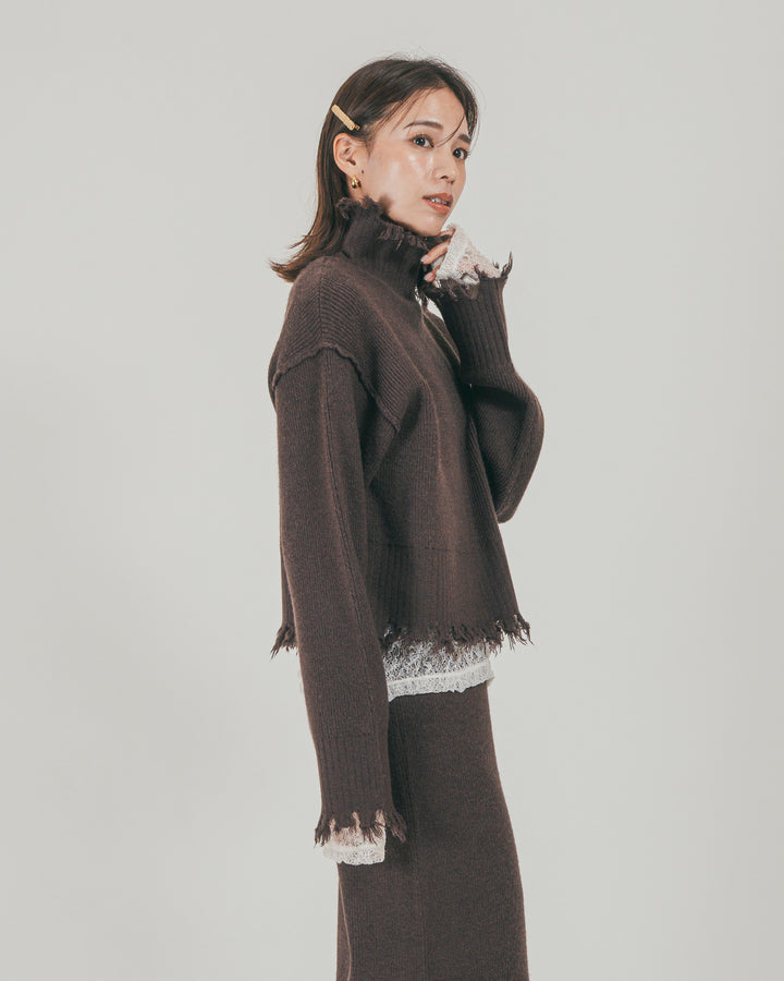 ［SET］Nuance Hem ハイネックニット + Nuance Hem ルーズニットパンツ + ストレッチレースシアートップス（3SET）