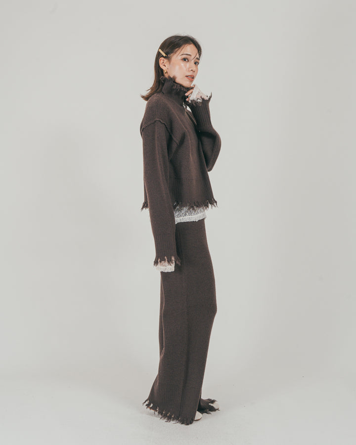 ［SET］Nuance Hem ハイネックニット + Nuance Hem ルーズニットパンツ + ストレッチレースシアートップス（3SET）