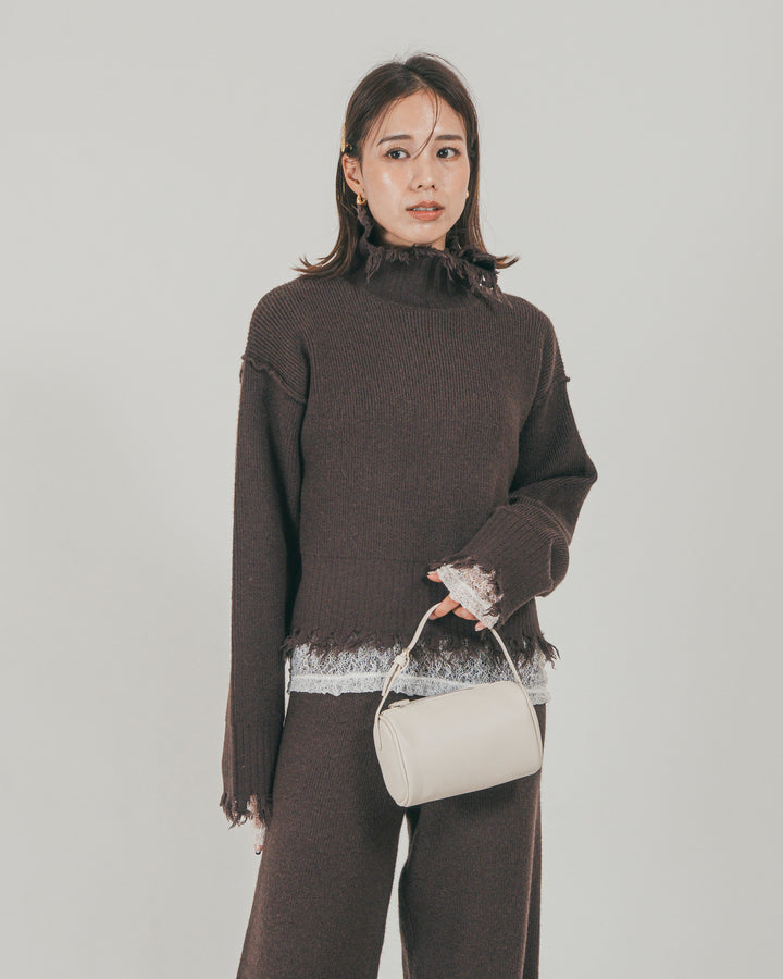 ［SET］Nuance Hem ハイネックニット + Nuance Hem ルーズニットパンツ + ストレッチレースシアートップス（3SET）