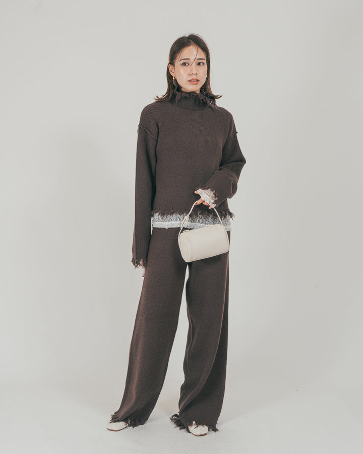 ［SET］Nuance Hem ハイネックニット + Nuance Hem ルーズニットパンツ + ストレッチレースシアートップス（3SET）