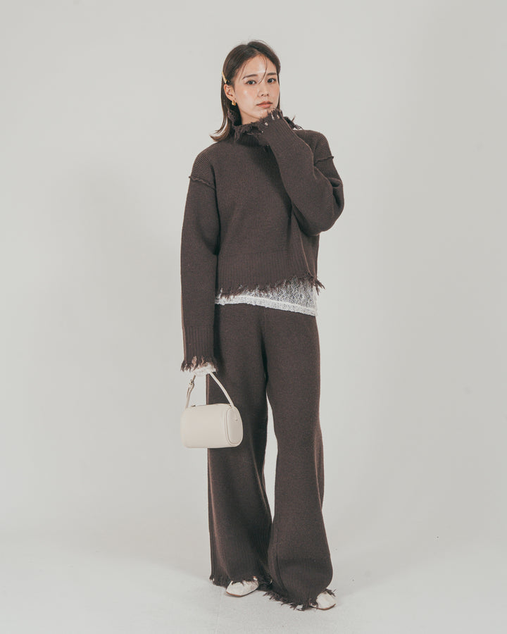 ［SET］Nuance Hem ハイネックニット + Nuance Hem ルーズニットパンツ + ストレッチレースシアートップス（3SET）