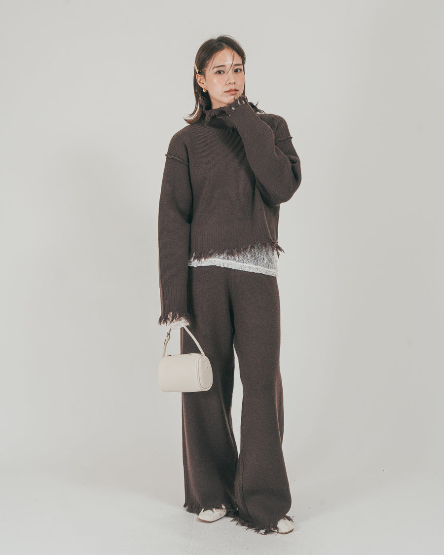 ［SET］Nuance Hem ハイネックニット + Nuance Hem ルーズニットパンツ + ストレッチレースシアートップス（3SET）