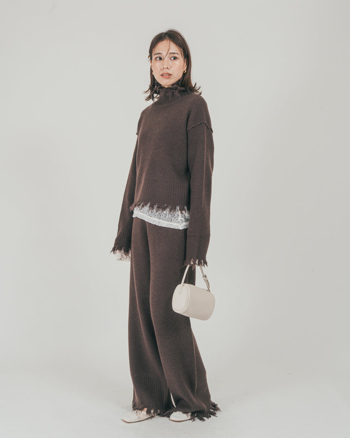 ［SET］Nuance Hem ハイネックニット + Nuance Hem ルーズニットパンツ + ストレッチレースシアートップス（3SET）