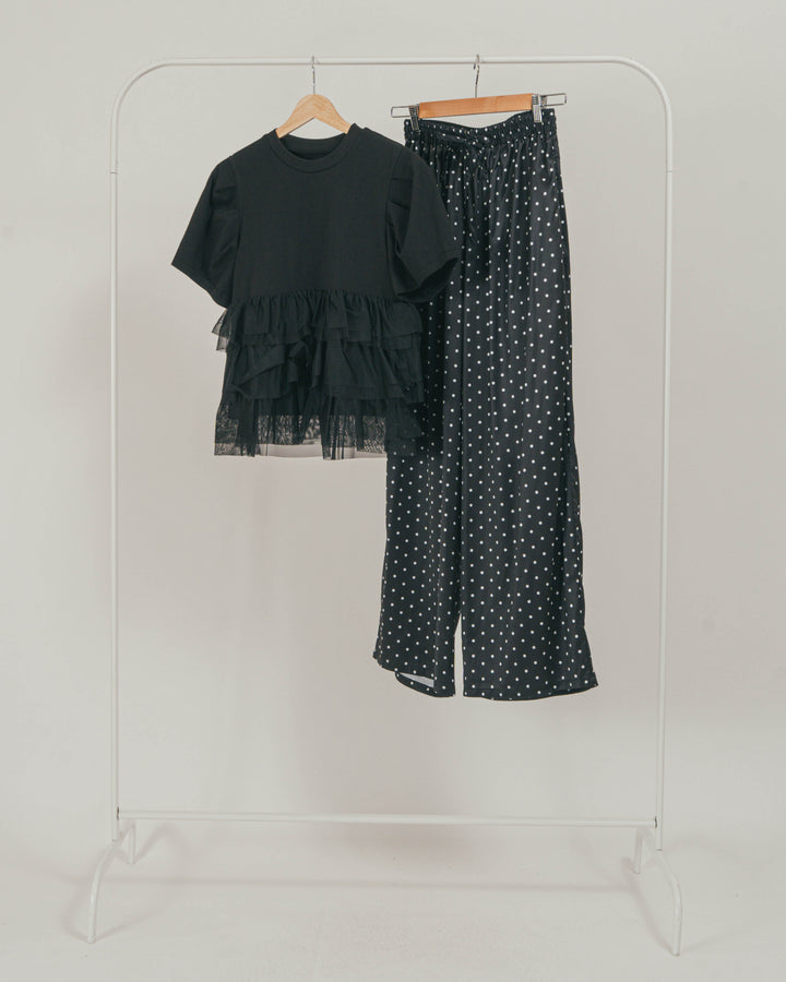 ［SET］チュールフリル ペプラムTシャツ + ドットサテンパンツ（2SET）