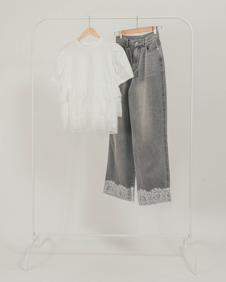 ［SET］チュールフリル ペプラムTシャツ + 接触冷感 10oz裾レースデニム（2SET）