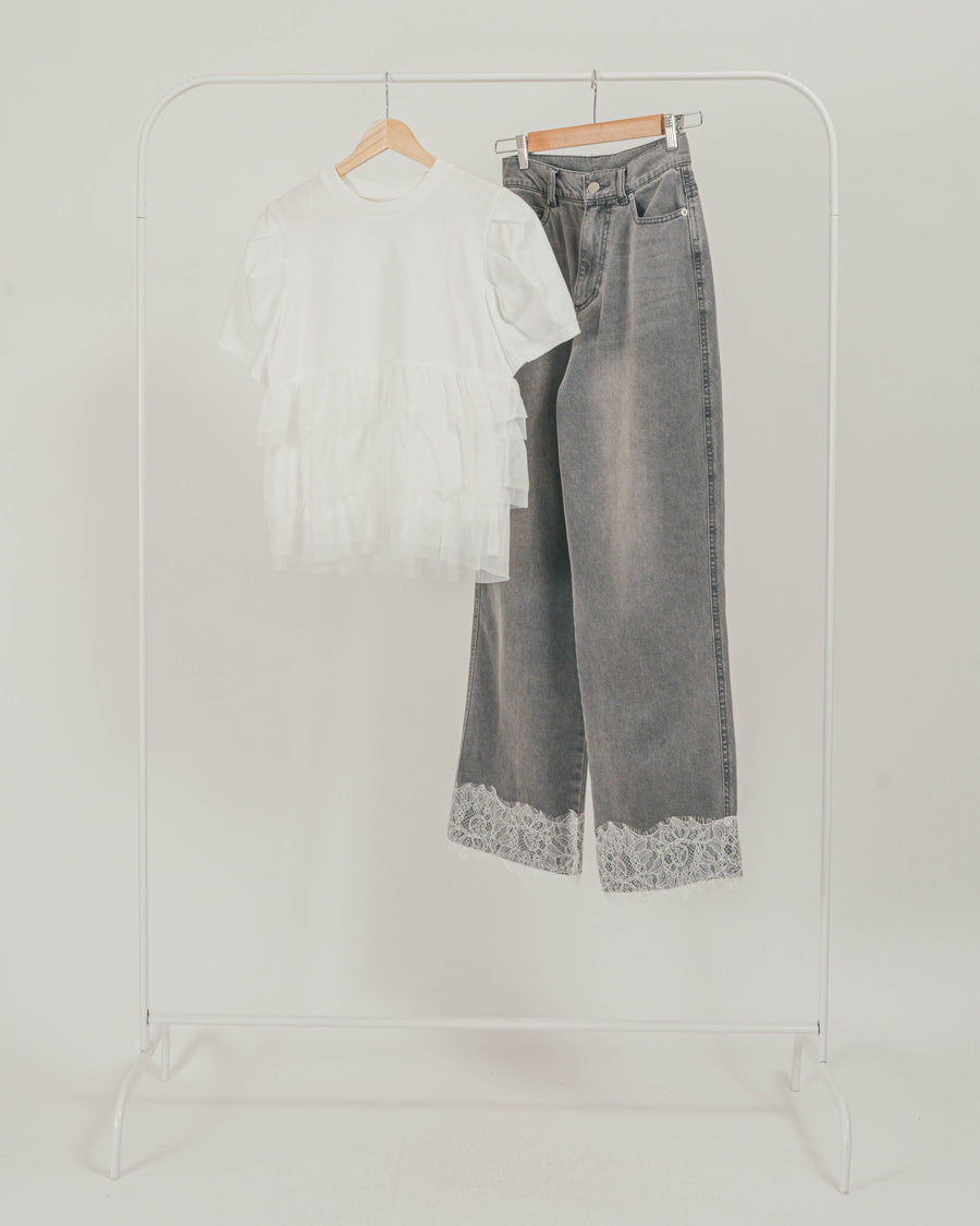 ［SET］チュールフリル ペプラムTシャツ + 接触冷感 10oz裾レースデニム（2SET）