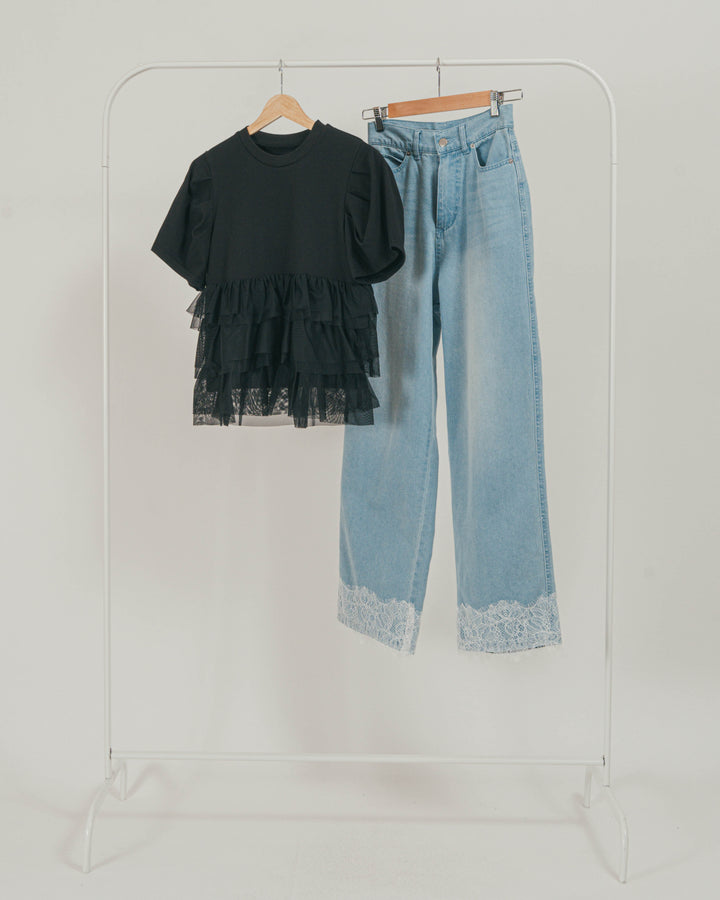［SET］チュールフリル ペプラムTシャツ + 接触冷感 10oz裾レースデニム（2SET）