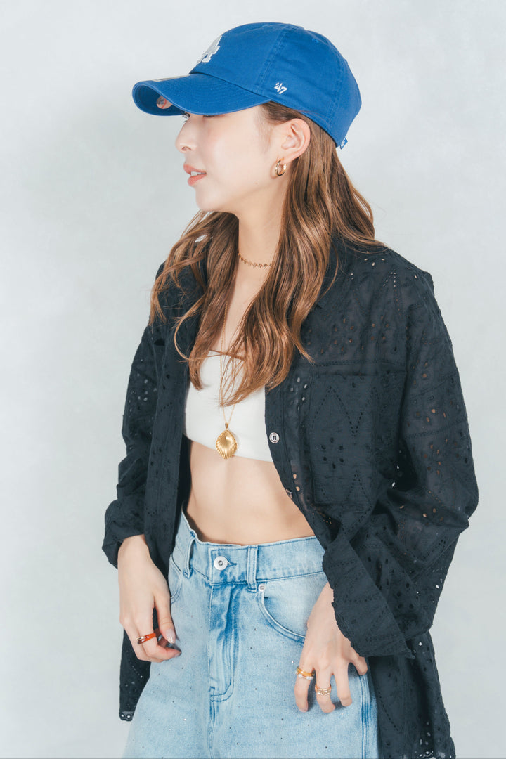 コットンフラワーレースシャツ (BLACK)