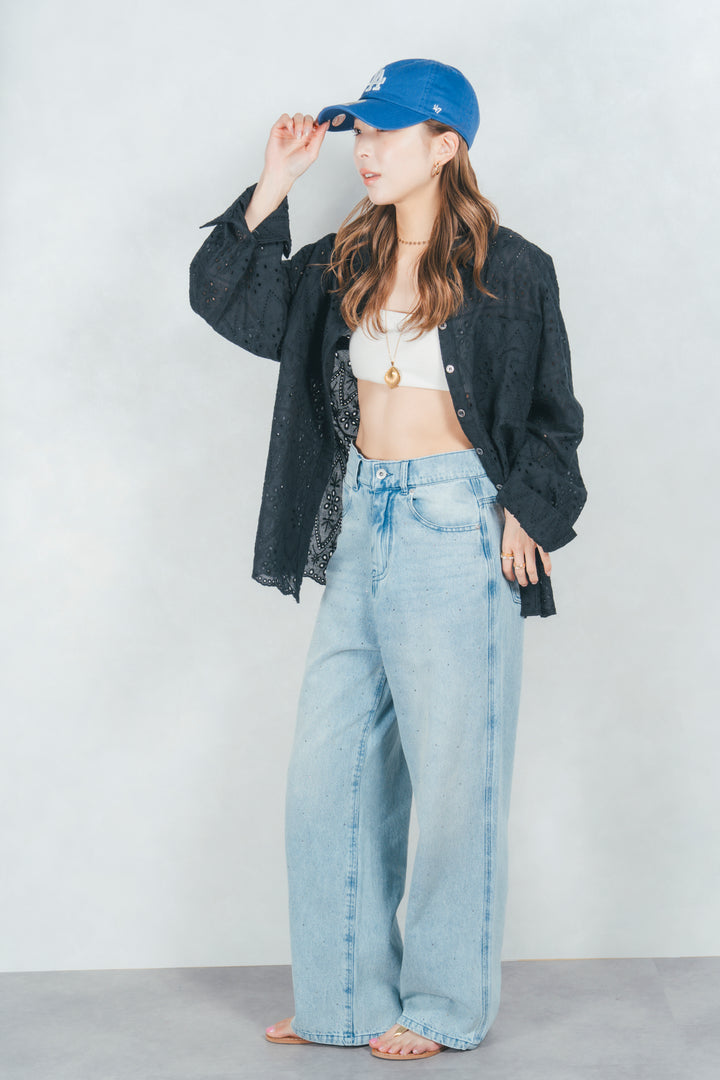 ラインストーンストレートデニム (LIGHT BLUE)