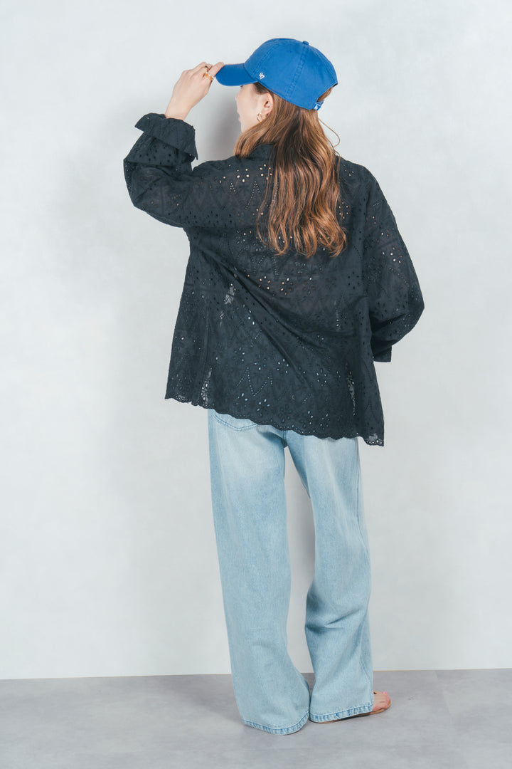 コットンフラワーレースシャツ (BLACK)