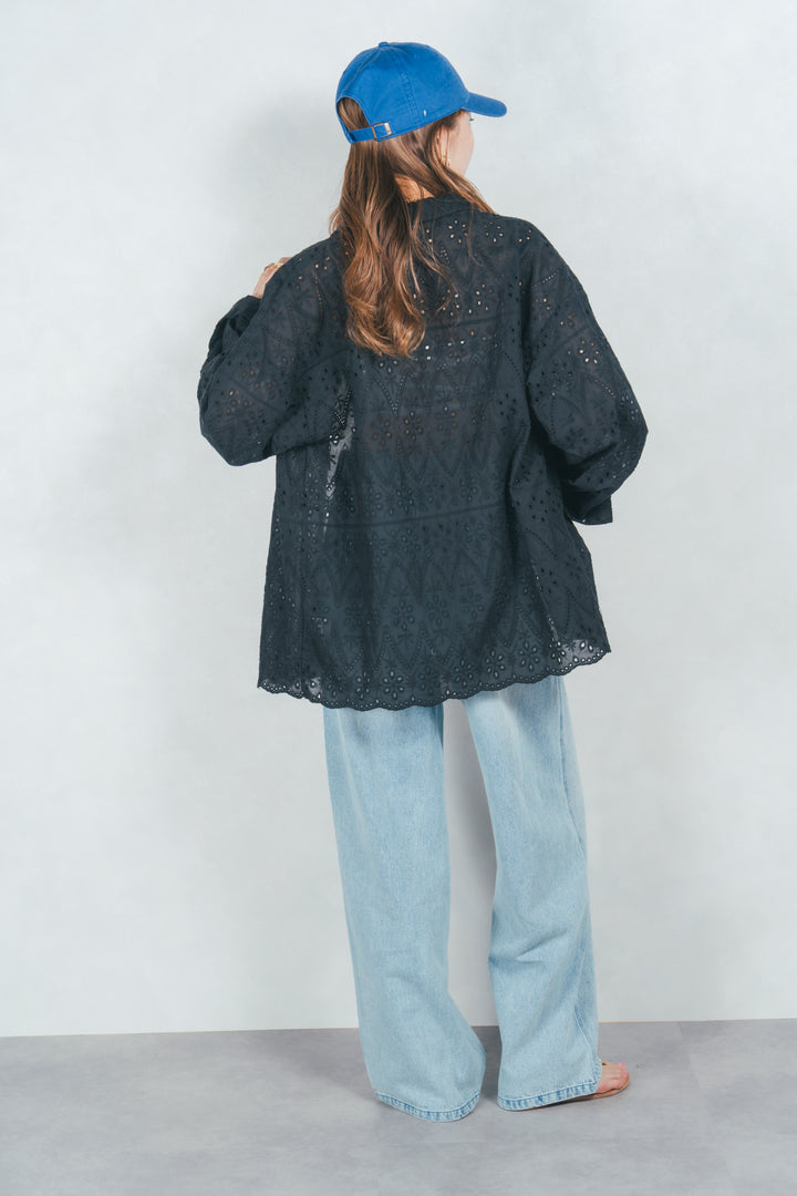 コットンフラワーレースシャツ (BLACK)