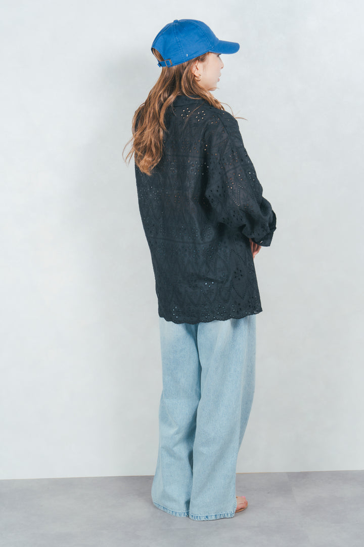 コットンフラワーレースシャツ (BLACK)