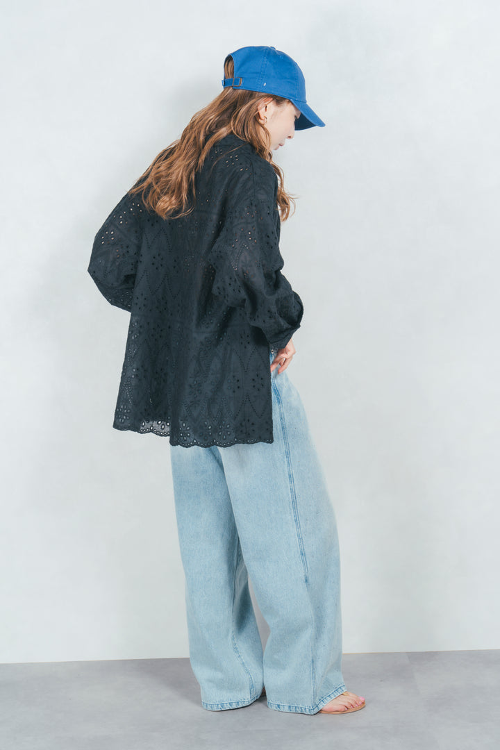 コットンフラワーレースシャツ (BLACK)