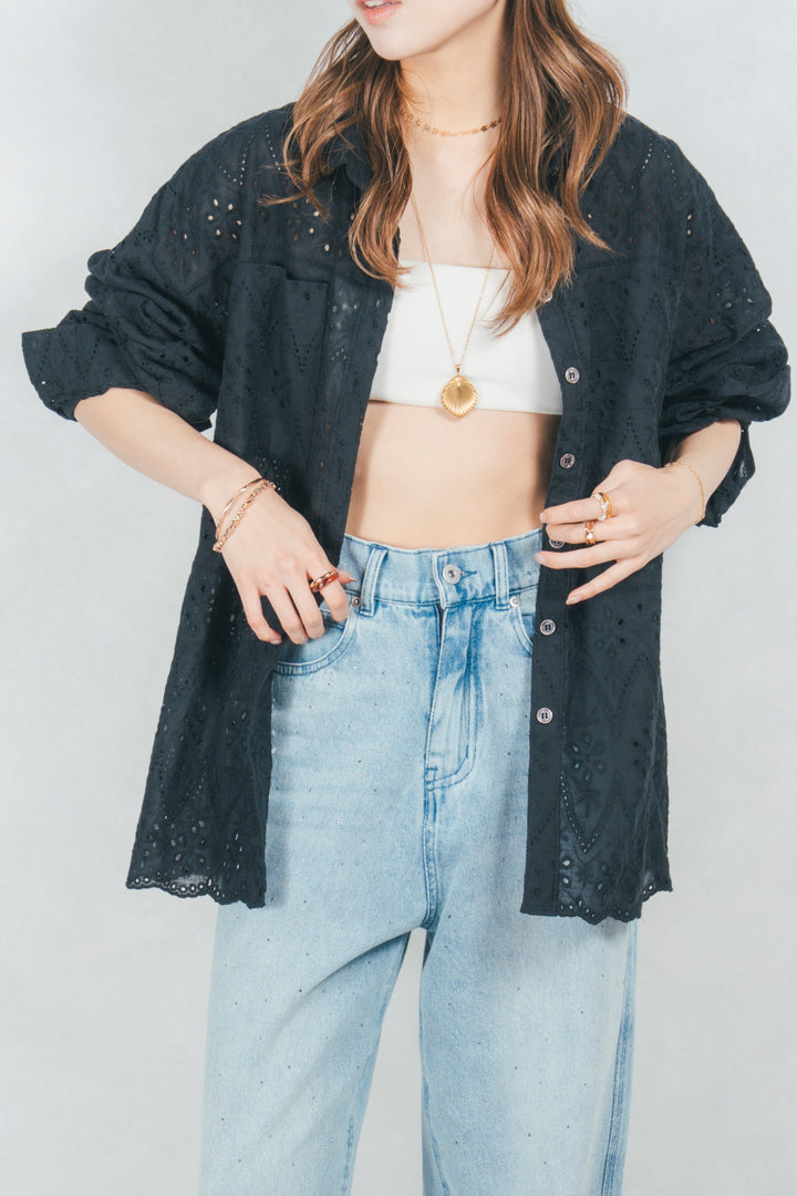 コットンフラワーレースシャツ (BLACK)