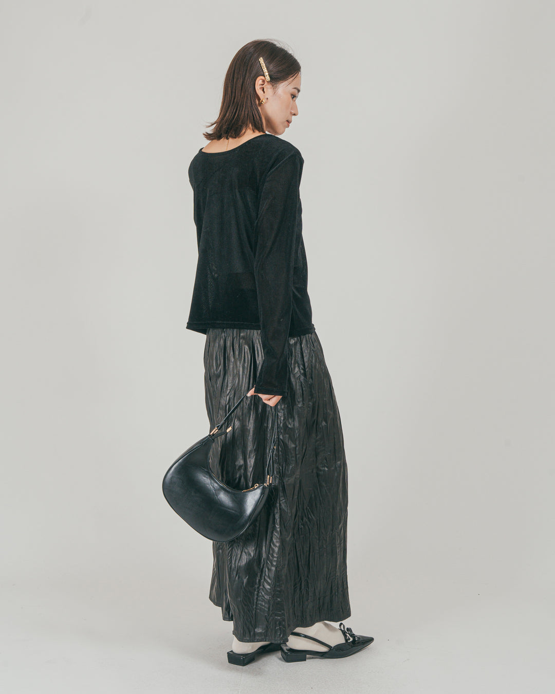 ［SET］Sheerベロアカーディガン + Crinkleレザーライク フレアスカート（2SET）
