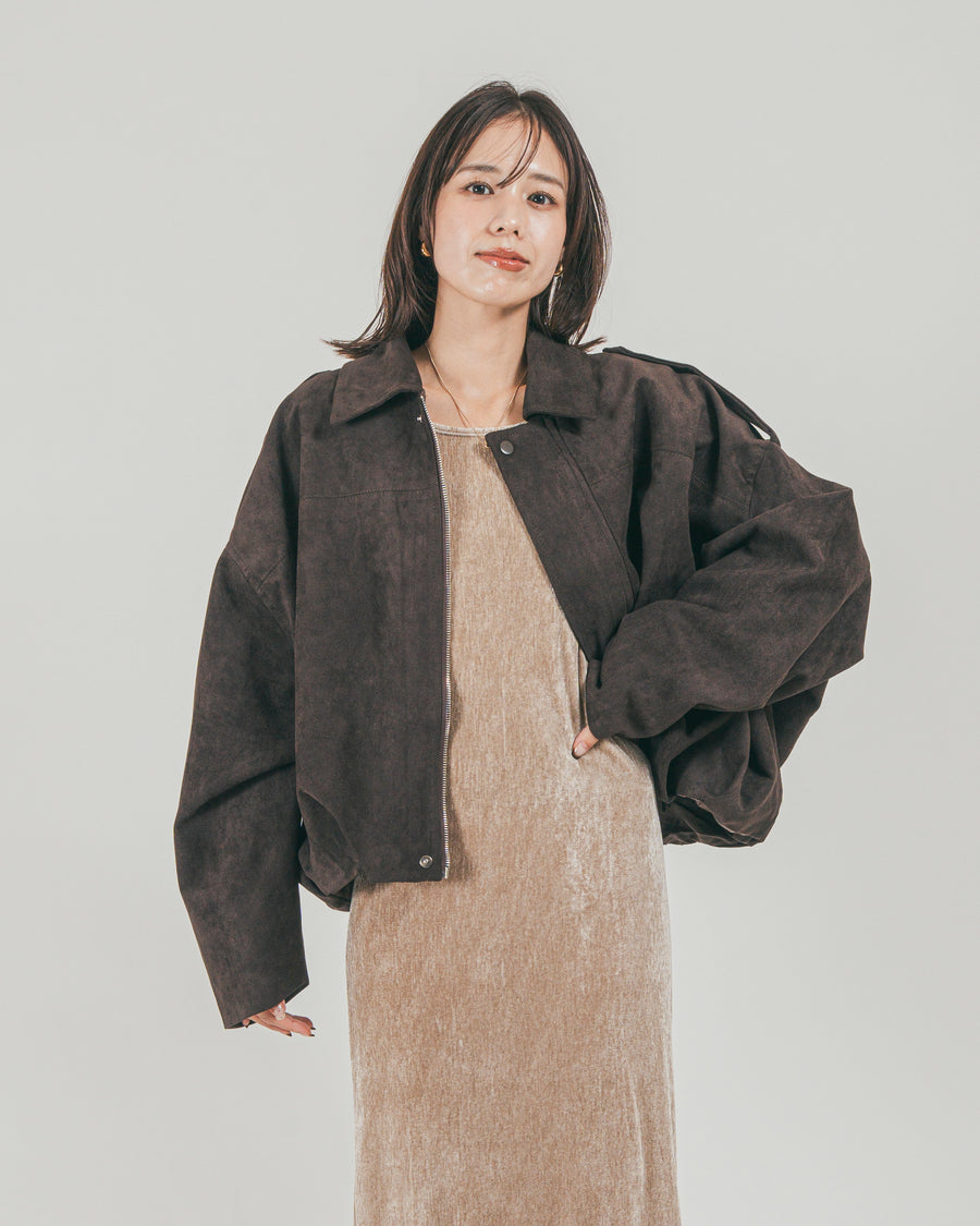 ［SET］ステンカラースウェードブルゾン + ベロア Back Openワンピース（2SET）