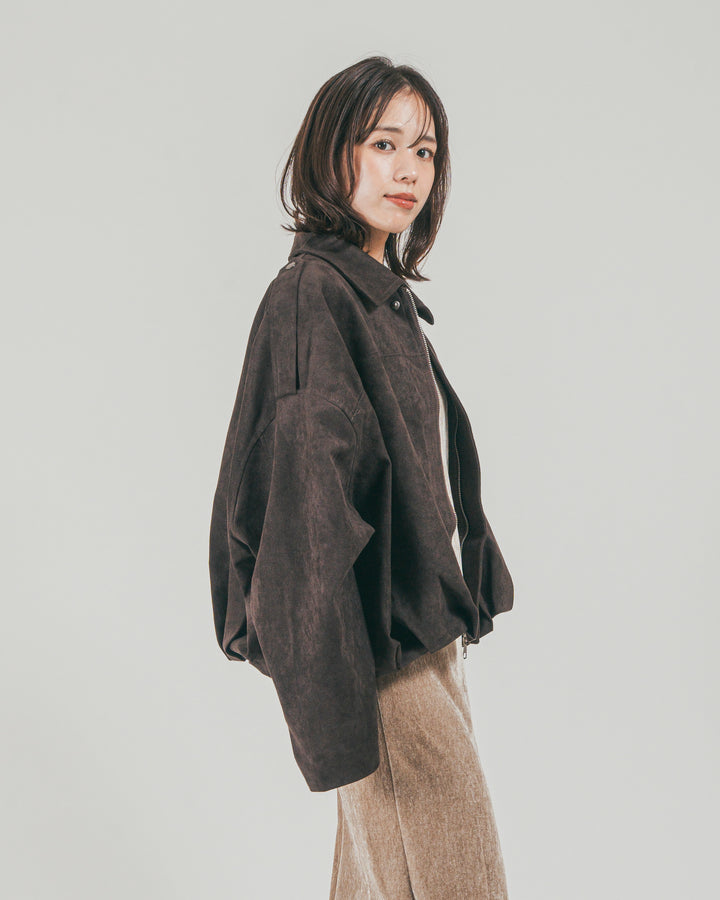 ［SET］ステンカラースウェードブルゾン + ベロア Back Openワンピース（2SET）