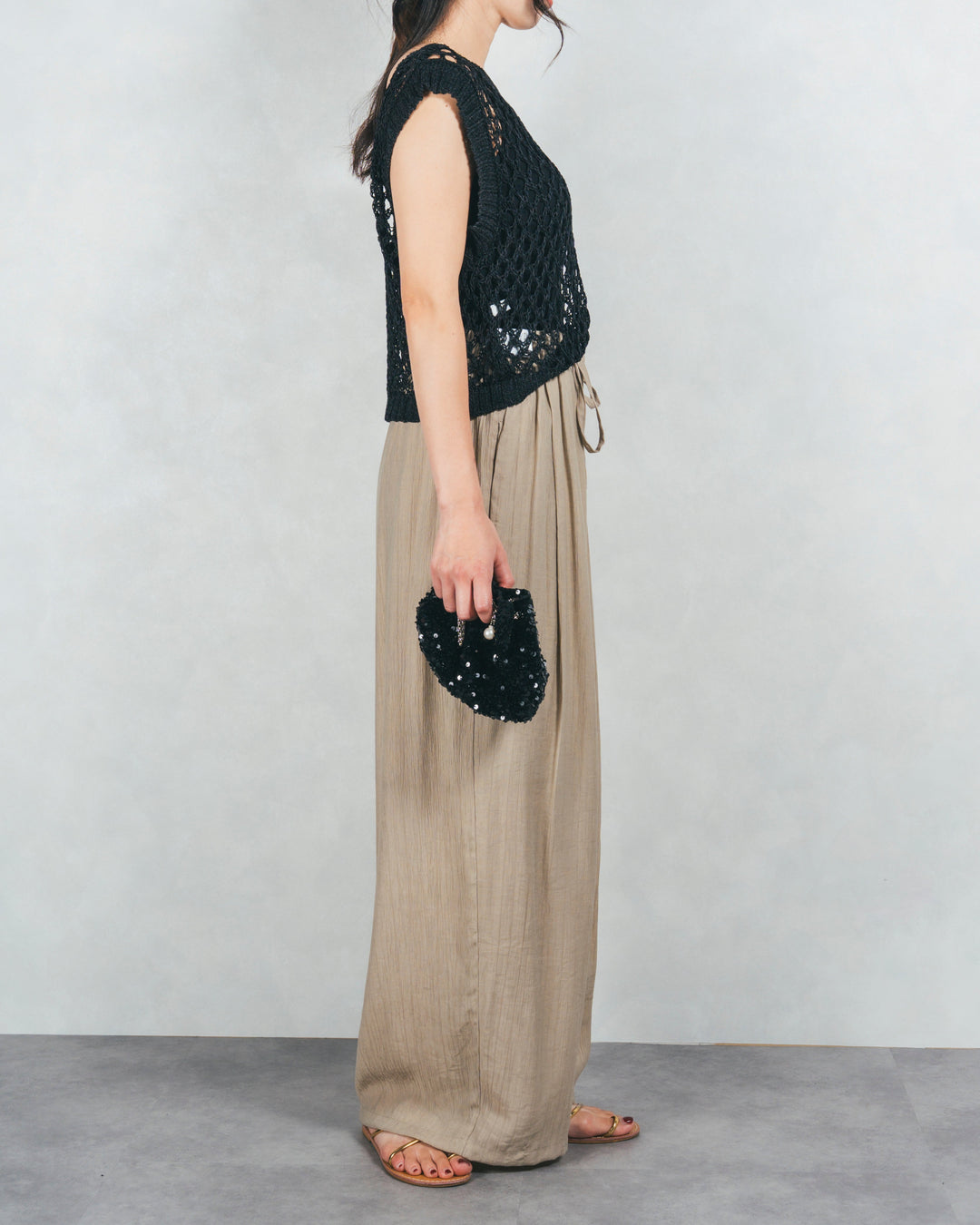 ［SET］2-Way Uネックメッシュニットベスト+［カップ付き］ヘルシーフィットリブキャミ+ワッシャーポプリンイージーパンツ（3SET）