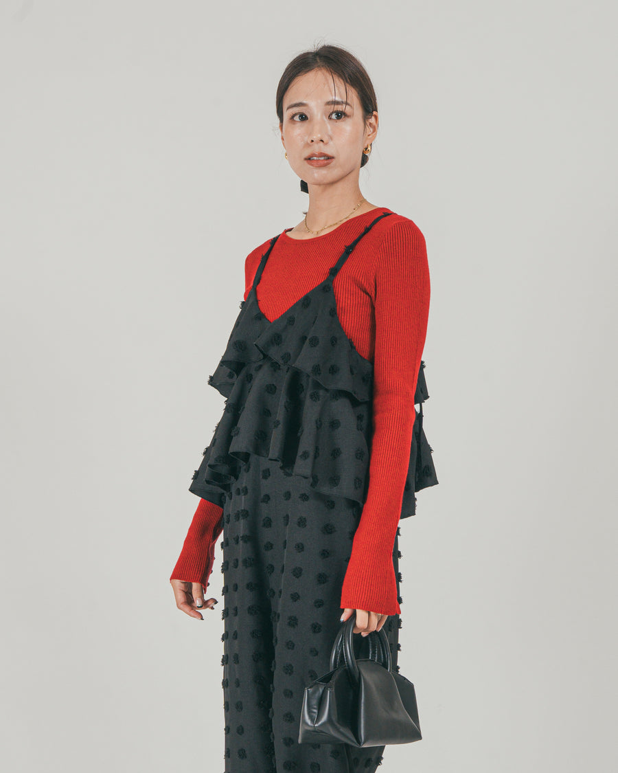 ［SET］Frillキャミサロペット + Sleeveボタン クルーネックニット（2SET）