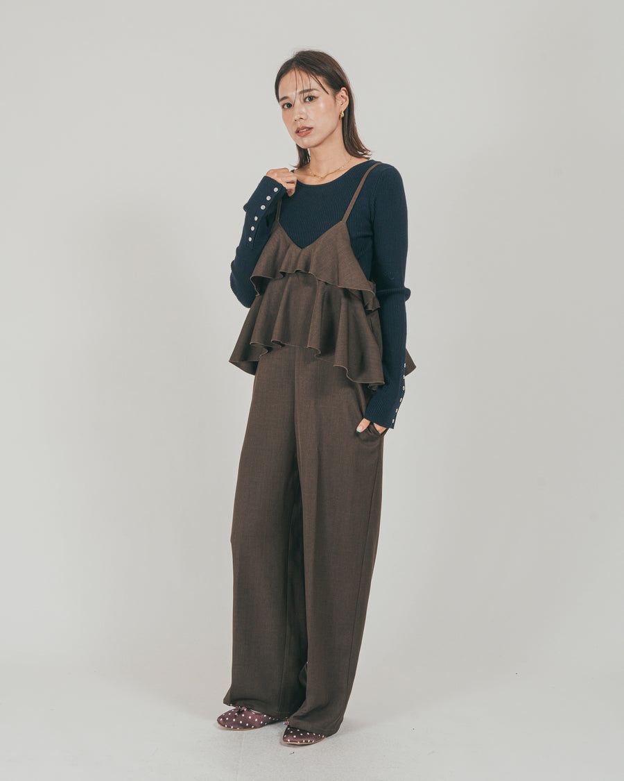 ［SET］Frillキャミサロペット + Sleeveボタン クルーネックニット（2SET）