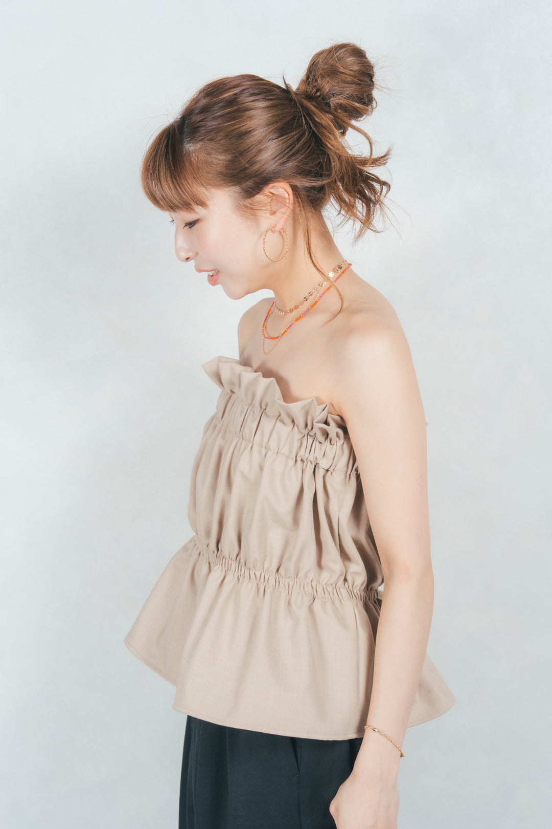 リネンタッチギャザーベアトップス (BEIGE)