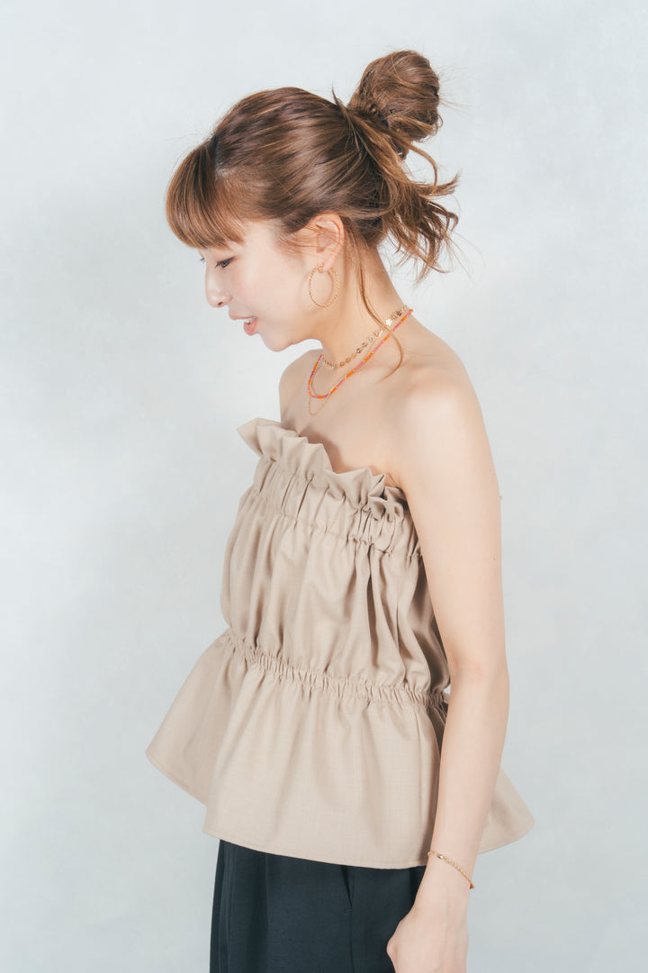 リネンタッチギャザーベアトップス (BEIGE)
