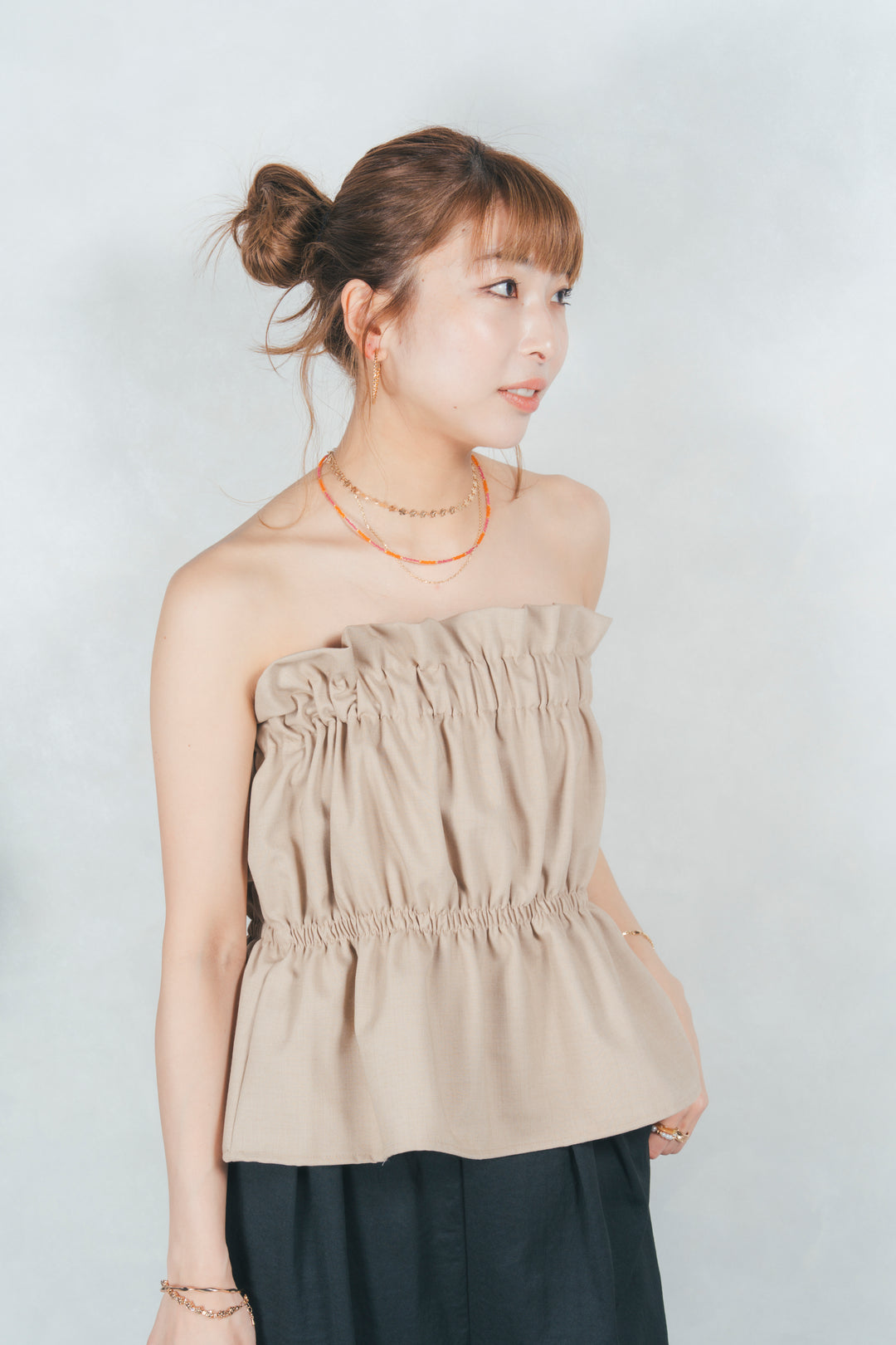 リネンタッチギャザーベアトップス (BEIGE)