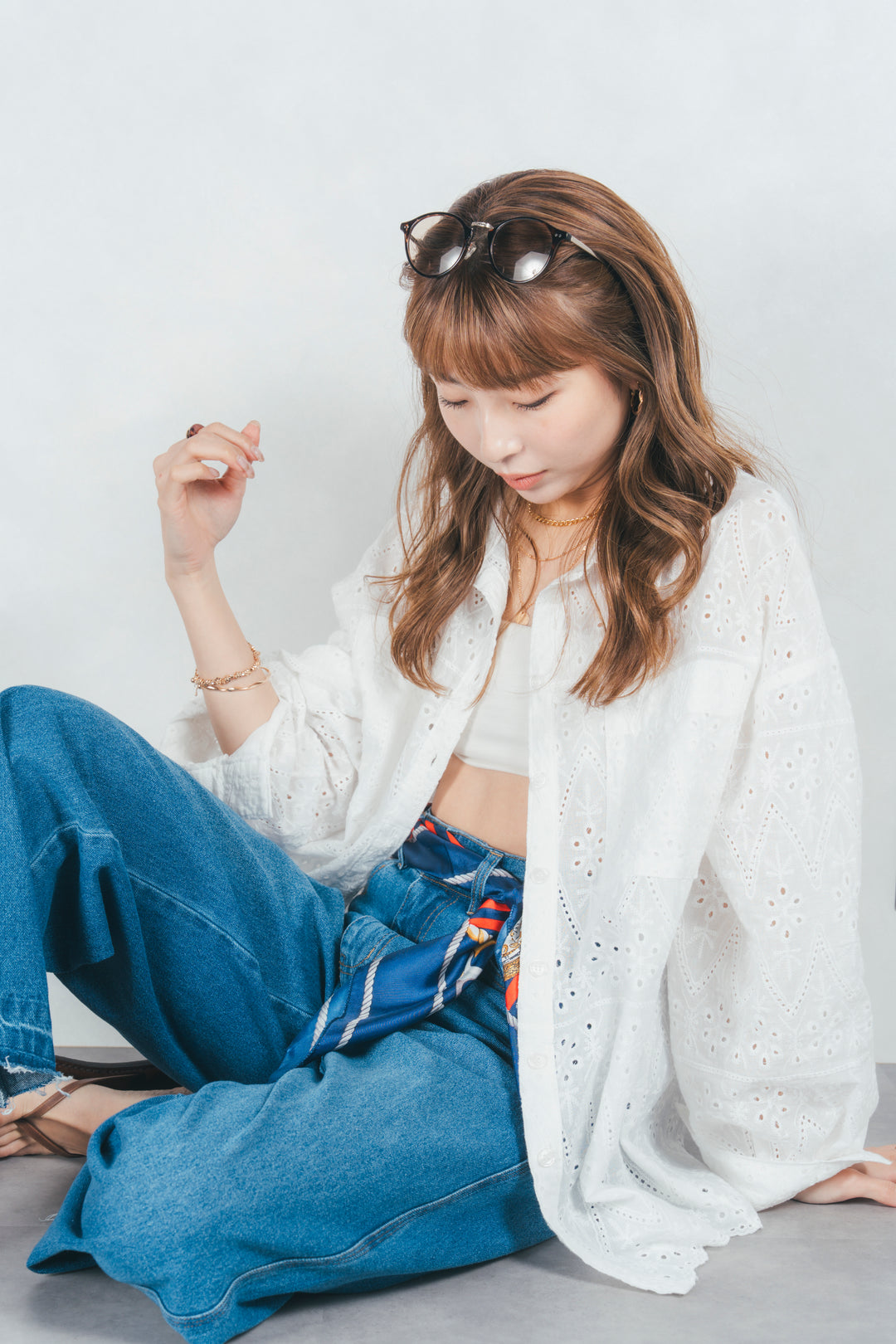 ［SET］コットンフラワーレースシャツ＋カットオフデザインデニム（2SET）
