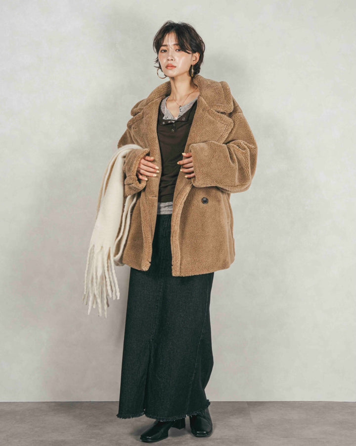 ［SET］テディボア Middleコート+フロントスリット Iラインデニムスカート（2SET）