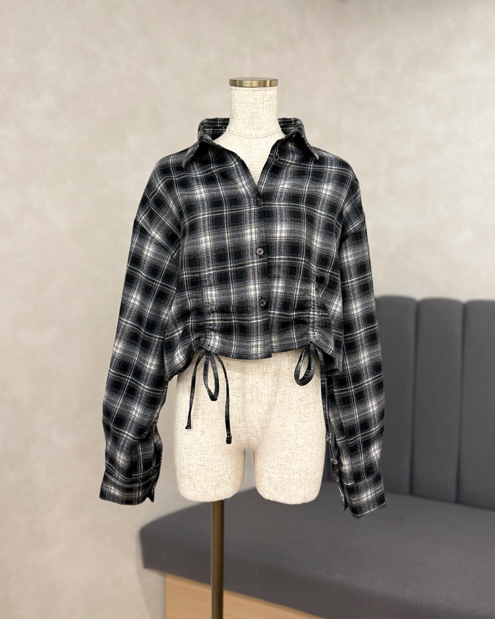 【※サンプル品】裾ドロストクロップドチェックシャツ (BLACK)