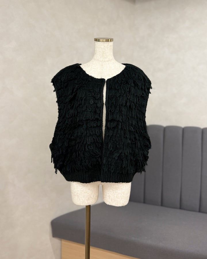 【※サンプル品】ループ編みフリンジニットベスト (BLACK)