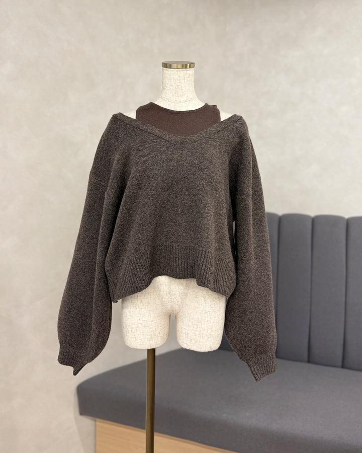 【※サンプル品】メランジVネックニットレイヤードセット (BROWN x DARK BROWN)