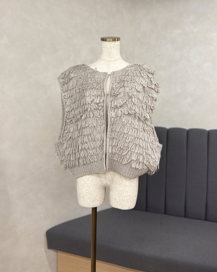 【※サンプル品】ループ編みフリンジニットベスト (GRAY)