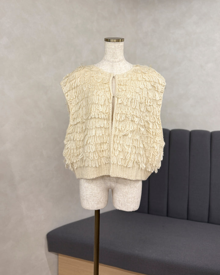 【※サンプル品】ループ編みフリンジニットベスト (IVORY)
