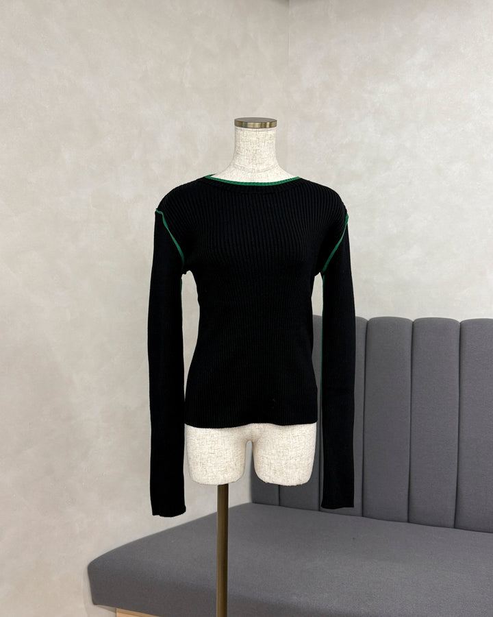 【※サンプル品】バイカラークルーネックニットトップス (BLACK x GREEN)