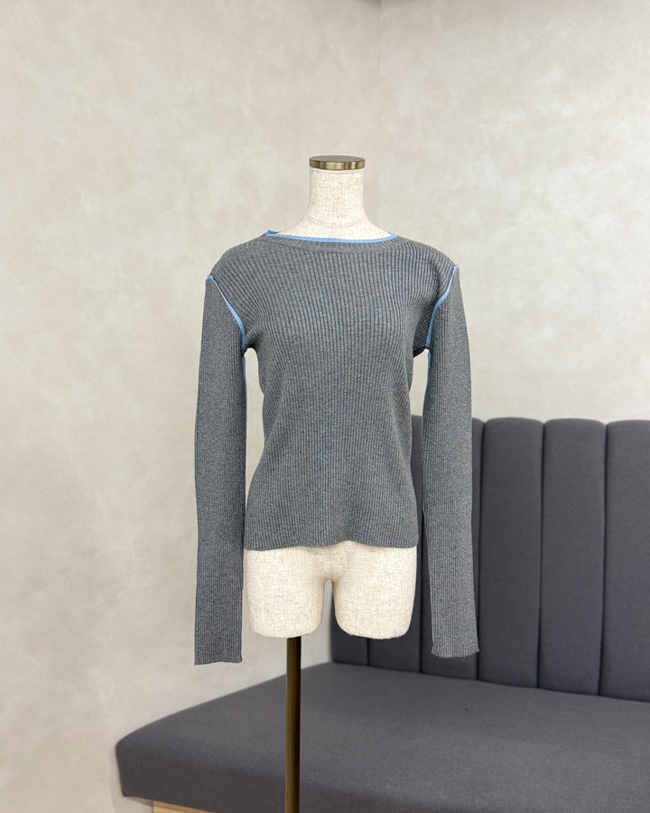 【※サンプル品】バイカラークルーネックニットトップス (GRAY x LIGHT BLUE)
